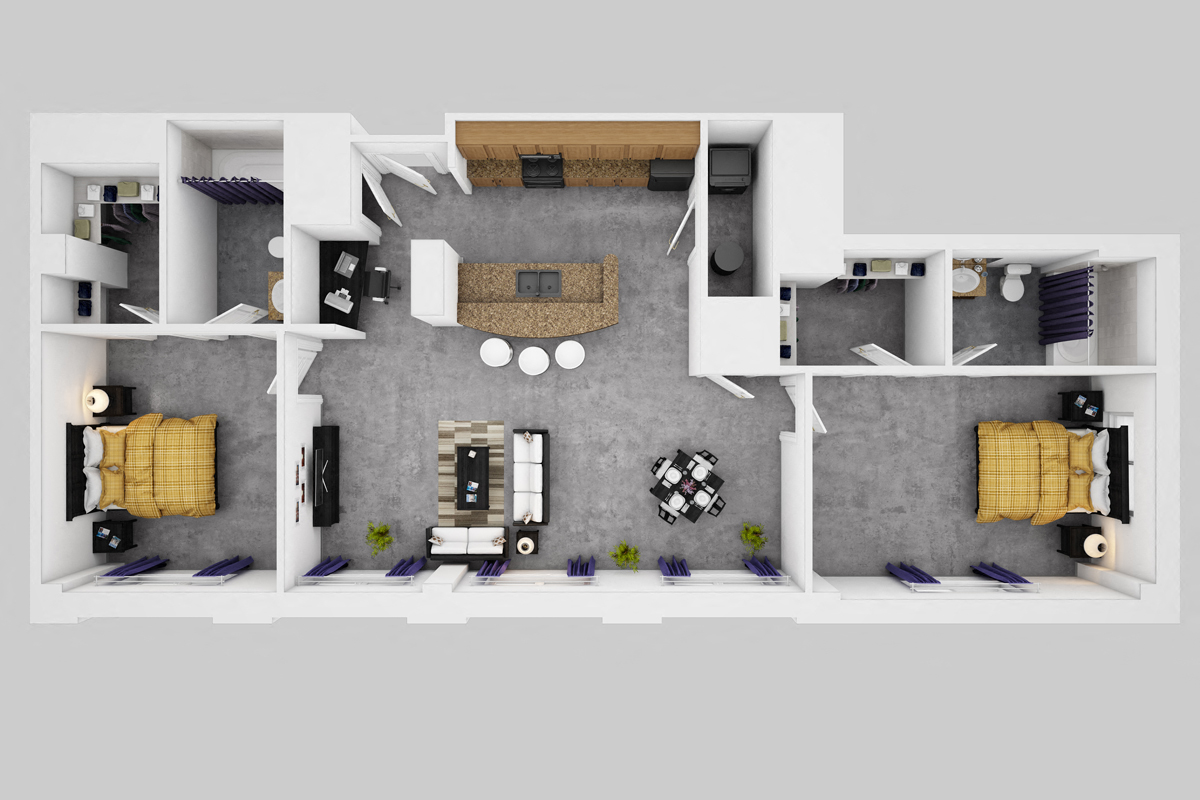 Floor plan for 2 beds, 2 baths, 1005 sqft